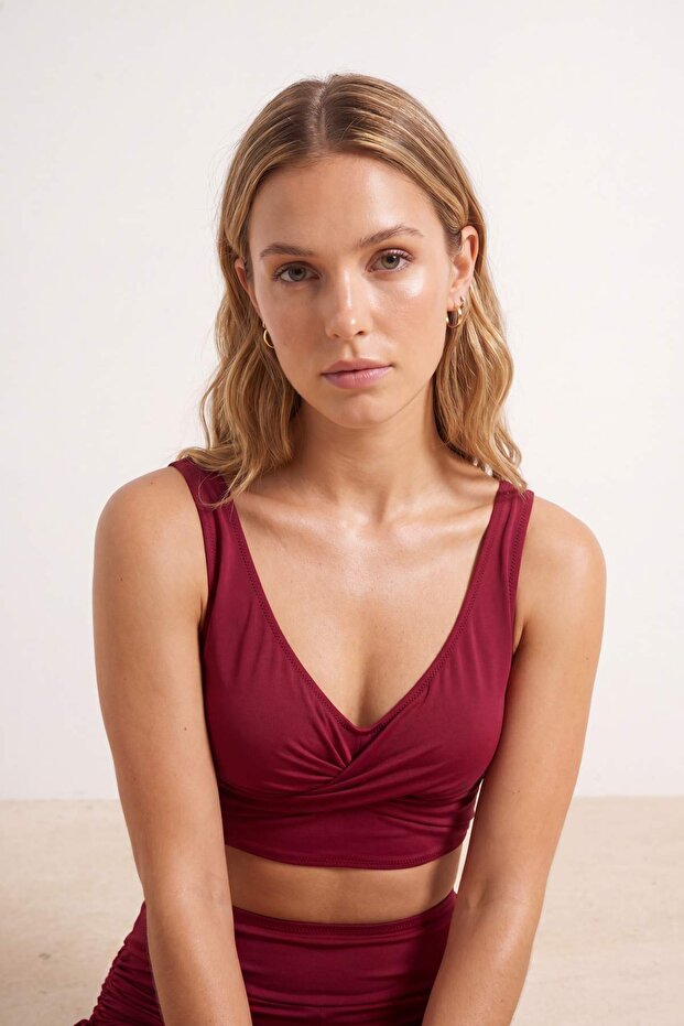 Bordo Tünelli Bralette Kaplı Bağlama Detaylı Şort Bikini Takımı TBESS26BT00007 - 3