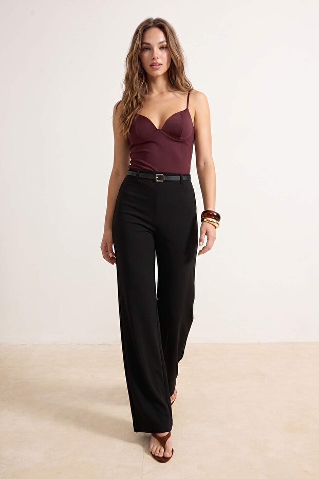 Siyah Wide Leg/Geniş Paça Kemerli Normal Bel Soft Touch Penye Örme Pantolon TWOSS26PL00149 - 2