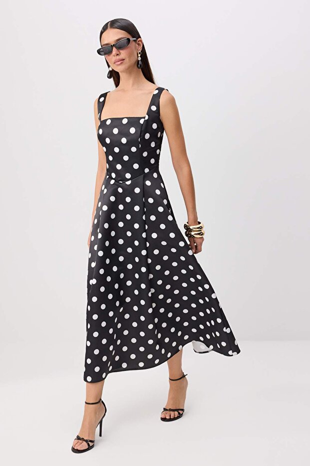 Siyah-Beyaz Puantiyeli A-Kesim Saten Dokuma Şık Abiye Gece Mezuniyet Elbisesi TPRAW25EL00040 - 1