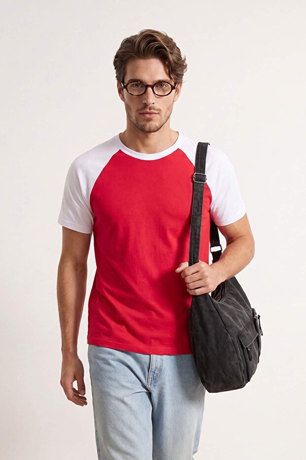 Kırmızı-Beyaz Düşük Omuz Regular Renk Bloklu %100 Pamuk T-Shirt TMNSS26TS00079 - 3