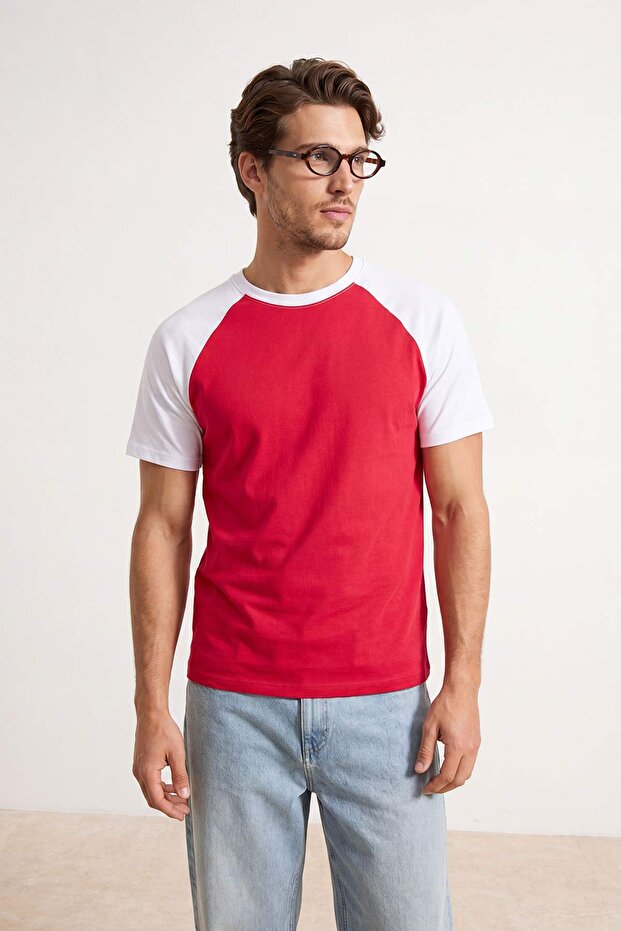 Kırmızı-Beyaz Düşük Omuz Regular Renk Bloklu %100 Pamuk T-Shirt TMNSS26TS00079 - 4