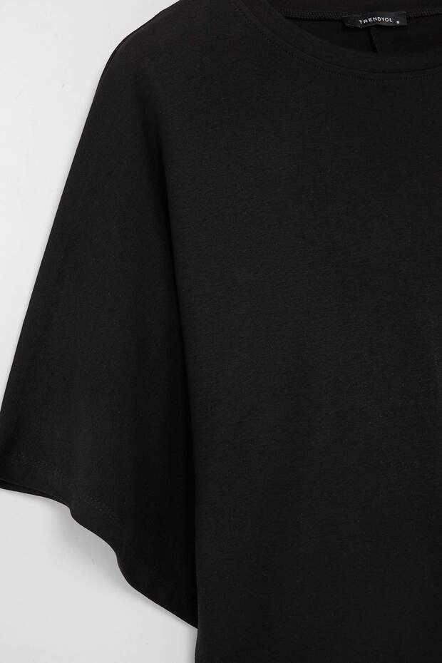 Siyah Oversize/Geniş Kalıp Düşük Kol Kısa Kollu Soft Touch Örme T-shirt TWOSS26TS00221 - 6