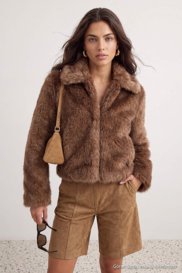 Brown Regular Fit Faux Fur Coat Twoaw27Mo00003
