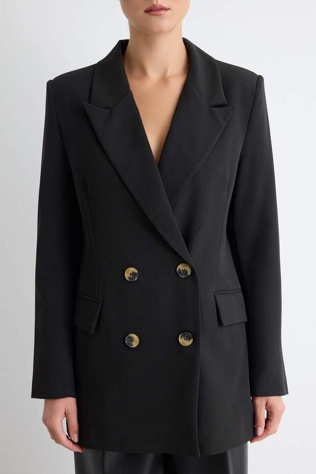 Siyah Oversize Astarlı Kruvaze Kapama Dokuma Blazer Ceket TWOAW21CE0145 - 3