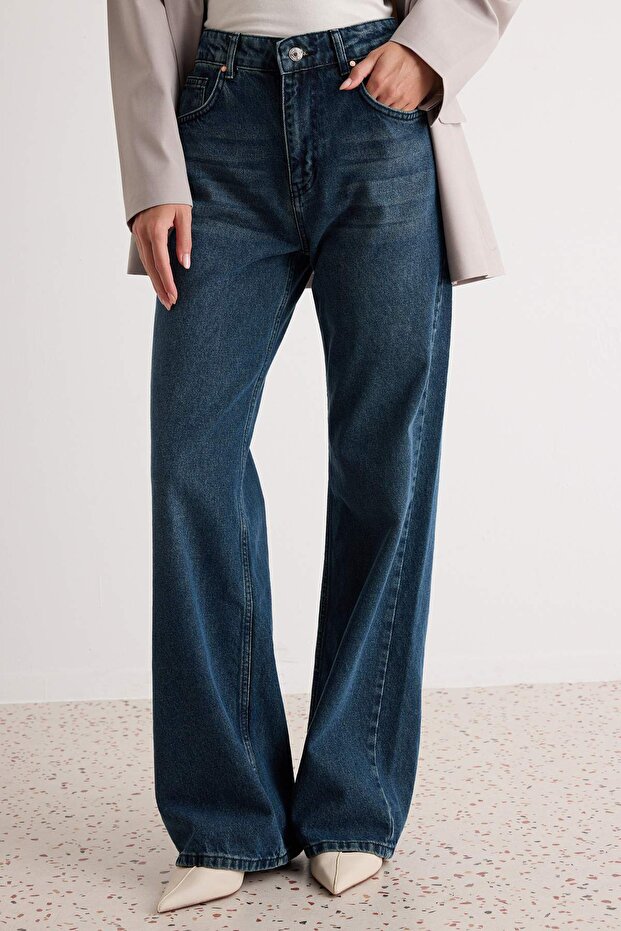 Koyu Mavi Soluk Efekt Vintage Yüksek Bel Wide Leg Geniş Paça %100 Pamuk Jeans TWOSS24JE00080 - 3
