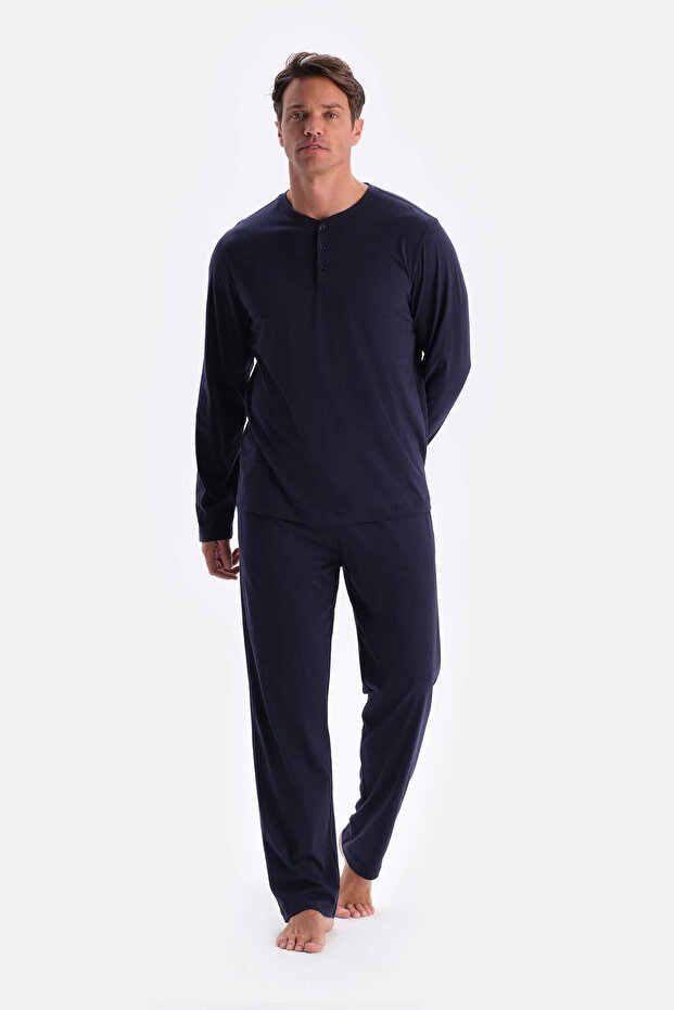 Navy Blue Half Placket Long Sleeve T-Shirt Trousers Pajama Set