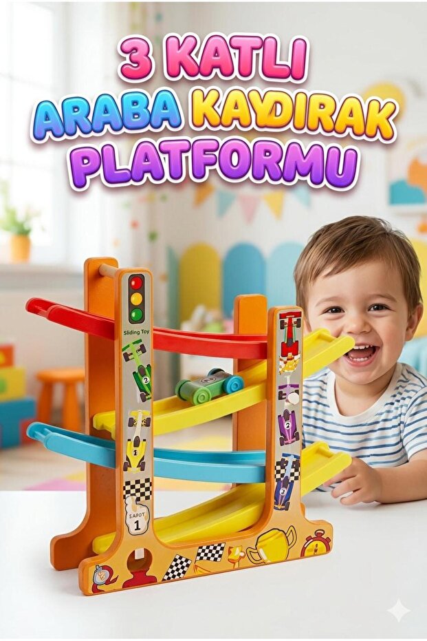 3-Layer Car Slide Platform and 5 Racing Cars Toy Set