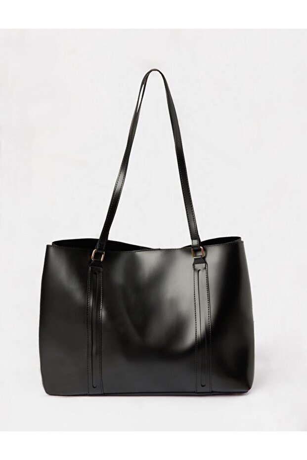 Black Leather-Look Metal Detailed Shoulder Bag