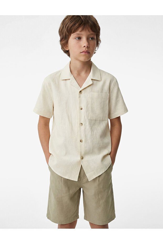 Turn-Down Collar Pocketed Short Sleeve Linen Oversize Shirt
