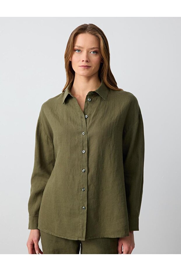 Khaki 100% Linen Straight Cut Long Sleeve Woven Shirt