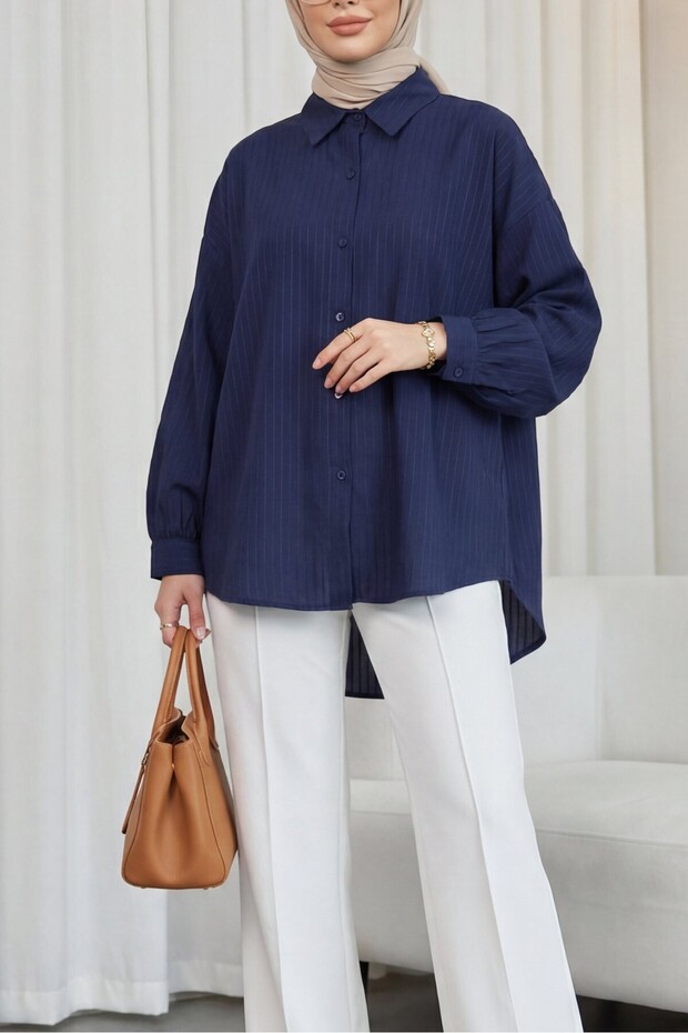 Long Backline Patterned Buttoned Loose Shirt - Navy Blue
