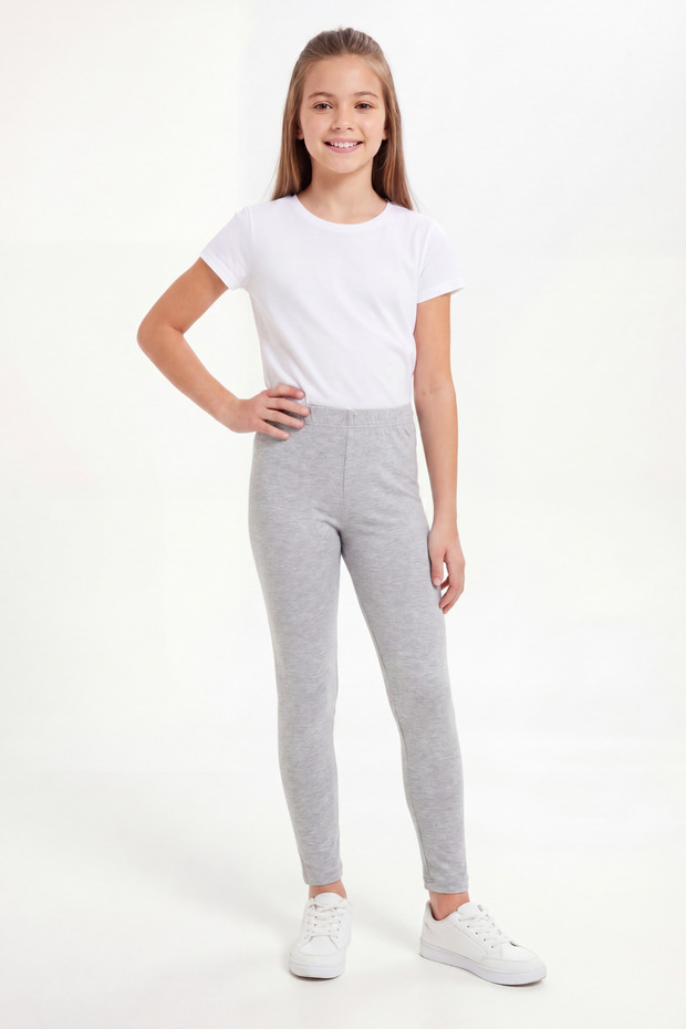Girl's Gray Cotton Stretch Fabric Straight Long Leggings