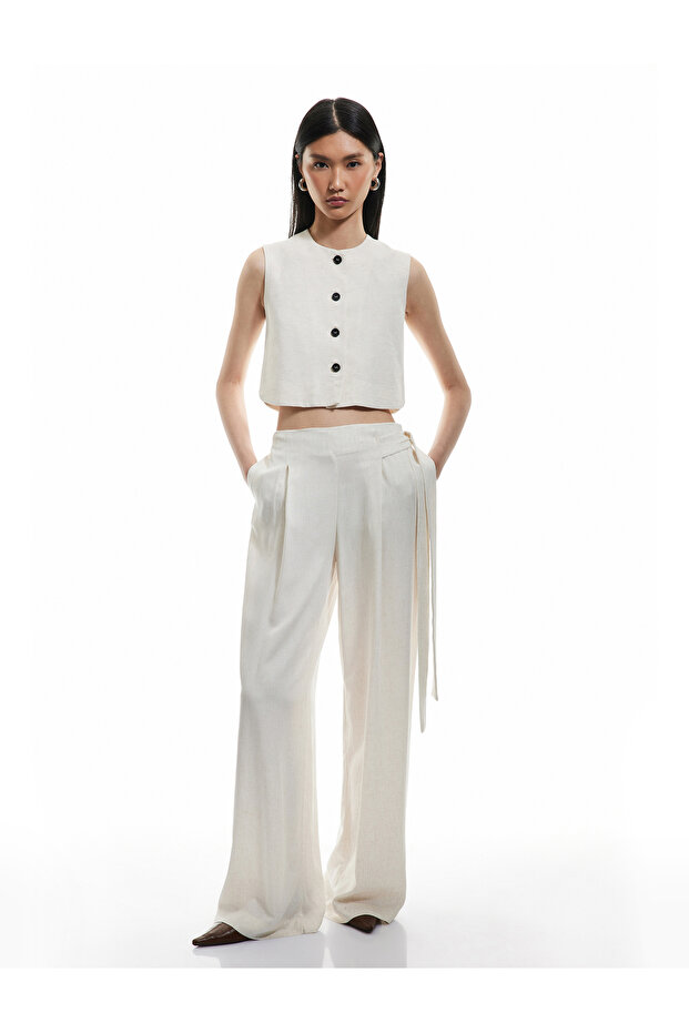 Viscose - Linen Blended Palazzo Trousers with Pocket Binding Detail