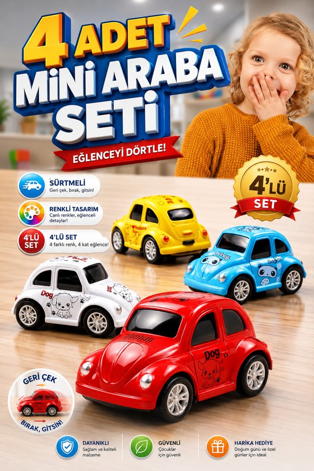 Set of 4 Mini Vosvos Toy Cars – Metal Pull-Back, Colorful Car Models
