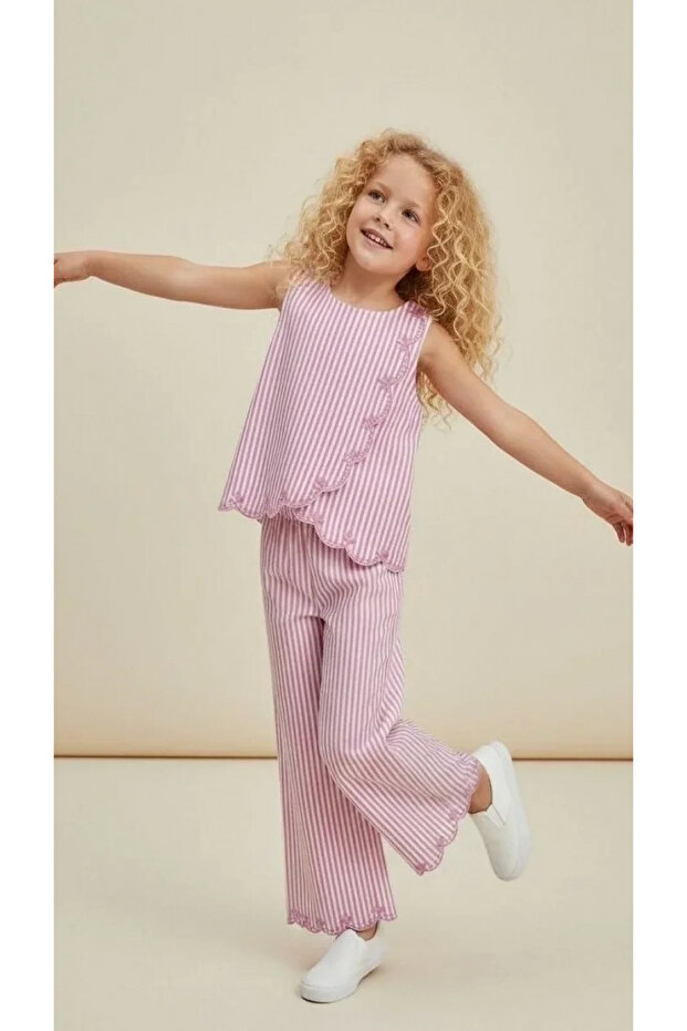 Girl's Striped Wide-Cut Pink Suit