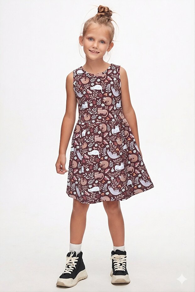 Lazy Cat Girl's Patterned Sleeveless Dress