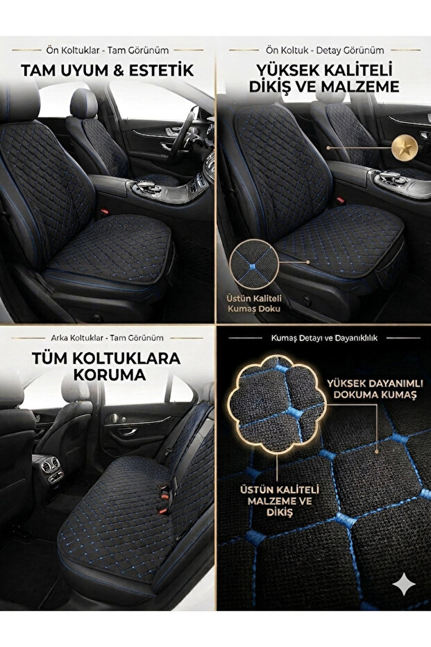 Anti-Sweat Car Seat Cushion Set with Pockets Universal Protective Cover Woven Fabric Blue (Front-Rear Full Set)