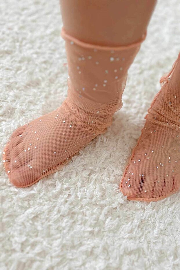 Salmon Little Glitter Detailed Girl's Tulle Socks