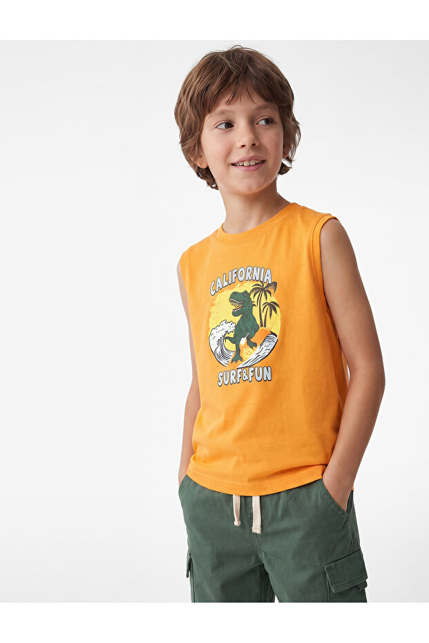 Cotton Crew Neck Sleeveless Dinosaur Printed Tank Top