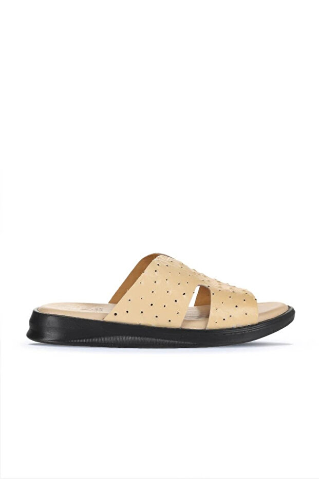Beige Leather/Ostrich Men's Flat Slippers 25Mt2488