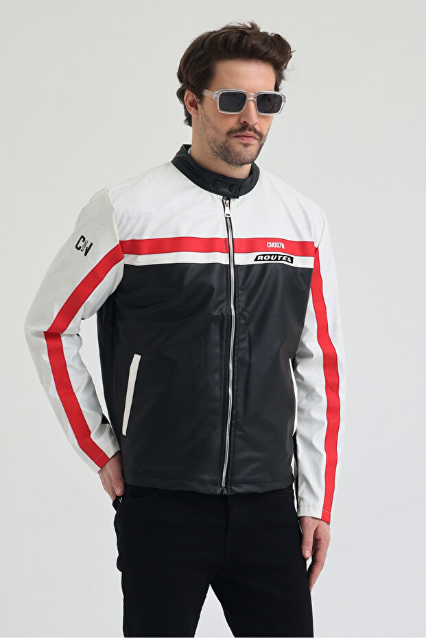 Men's Leather Jacket Coat with Zipper and Stripes – Sport & Casual Style White