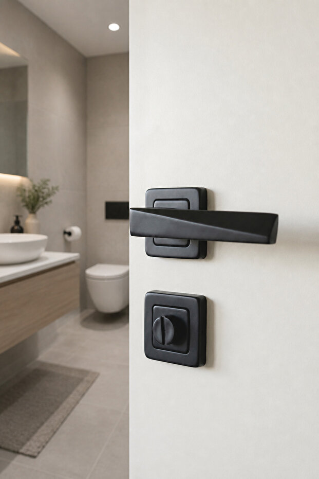 Matte Black Prism Square Rosette Wc-Bathroom Door Handle Set – 1 Set (2 Pieces Backplate/Frontplate)