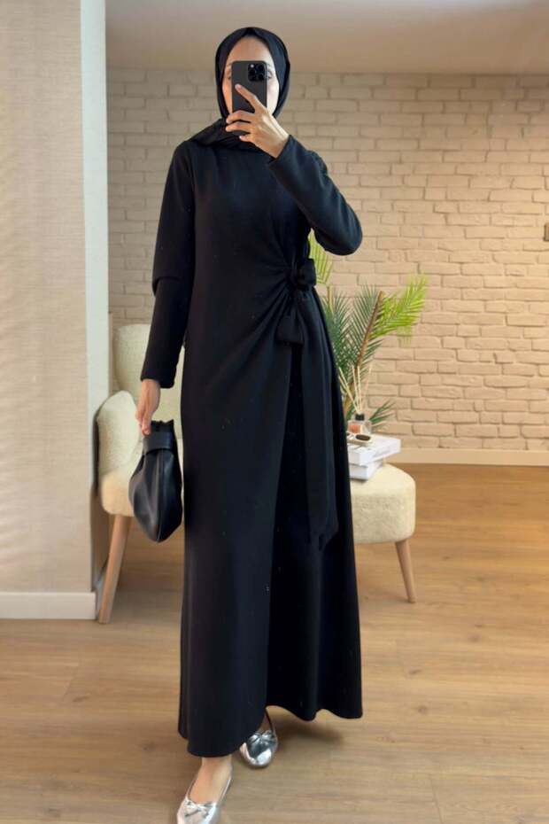 2168 Side Tie Belted Dress - Black