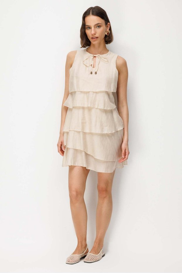 4916 Women's Flounce Tie Detail Mini Dress Beige
