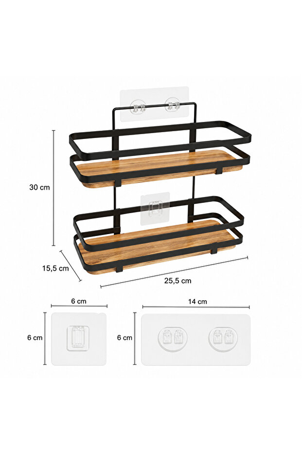 Premium double shelf for bathroom or kitchen, 5Five Simply Smart, installation without drilling, durable adhesive backing, metal and wood, black with wood look - 4