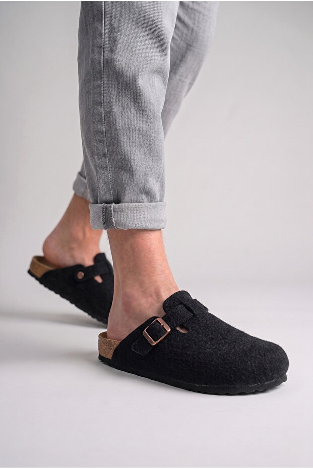 7004 Unisex Black Wool Felt Daily Home Slippers