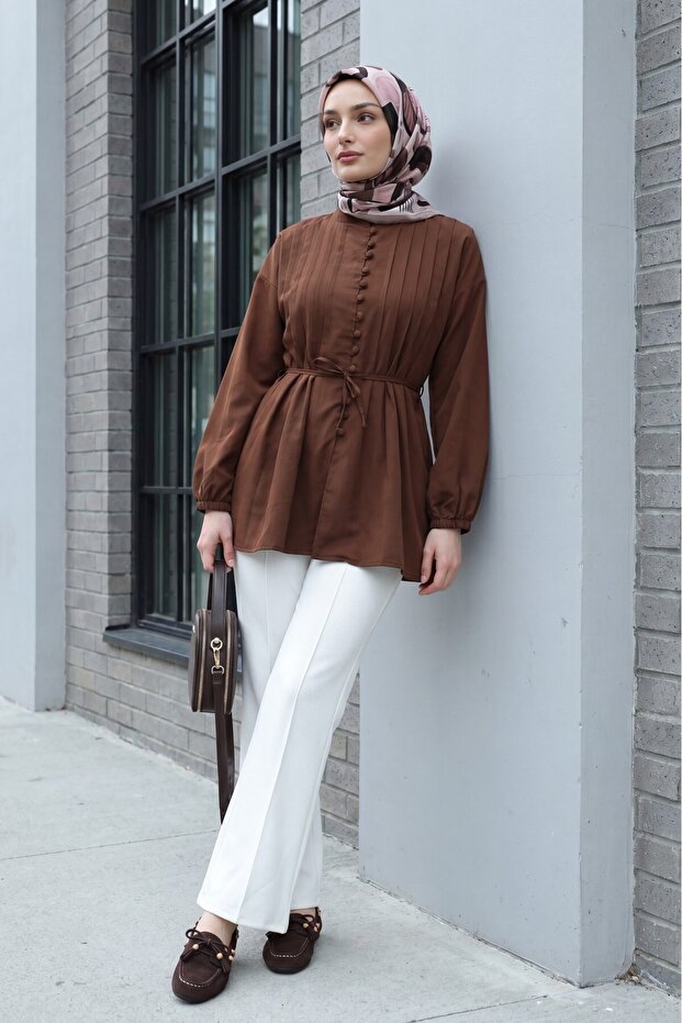 Belted Elastic Sleeves, Buttoned Front, Folded Detail Poplin Shirt - Brown