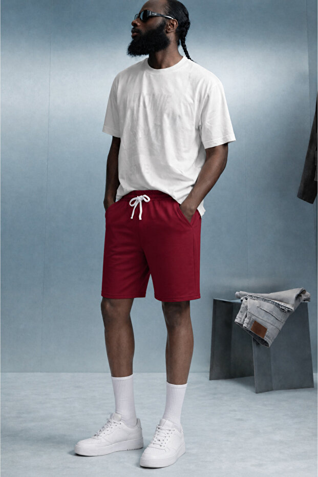 Men's Elastic Double Pocket Relax Burgundy Shorts