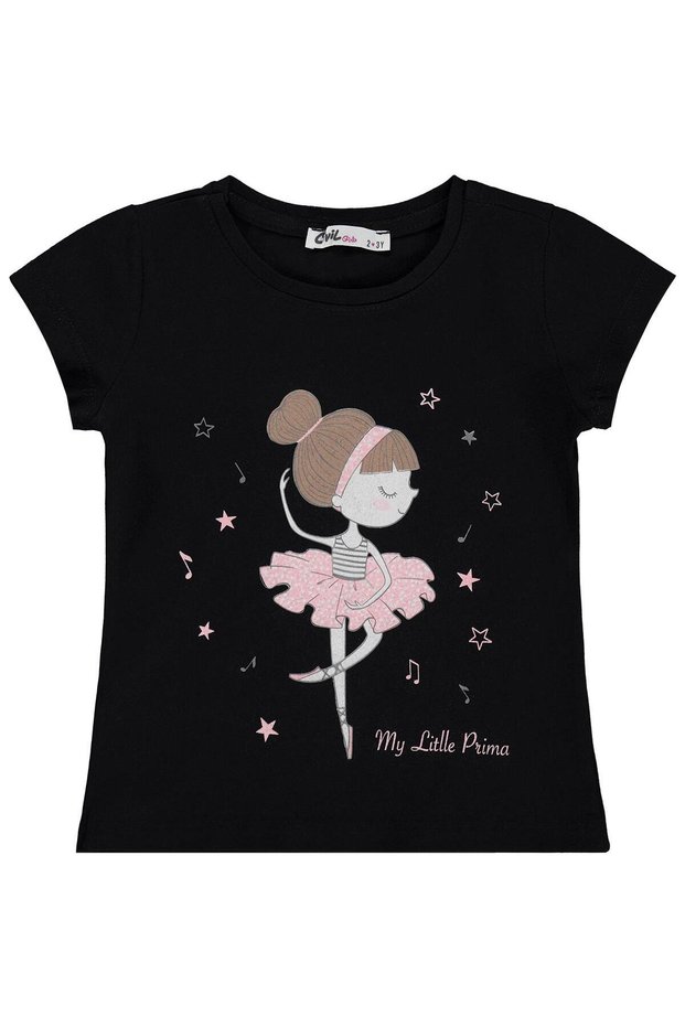 Ballerina Girl Printed T-Shirt for Ages 2-5 - Black