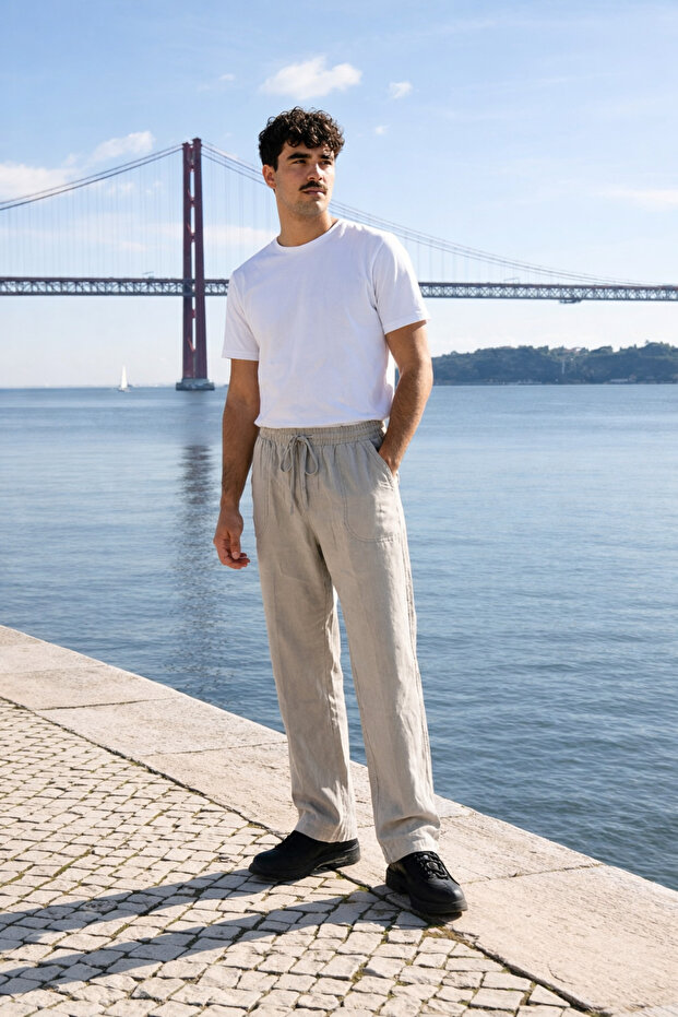 Men's Jogger Stone Linen Trousers with Elastic Waist