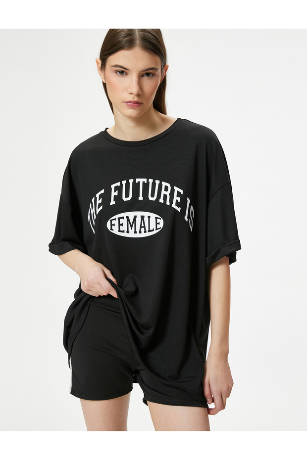 Oversize Sports T-Shirt Printed Long Sleeve Crew Neck