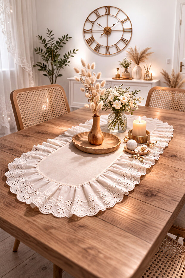 Natural Raw Linen Eyelet Embroidery Ruffled Oval Runner 35x85
