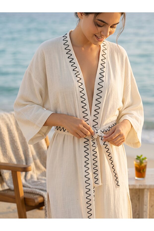 Ces Store Handmade Embroidered Linen Kaftan, 60% Linen 40% Cotton, Breathable Fabric