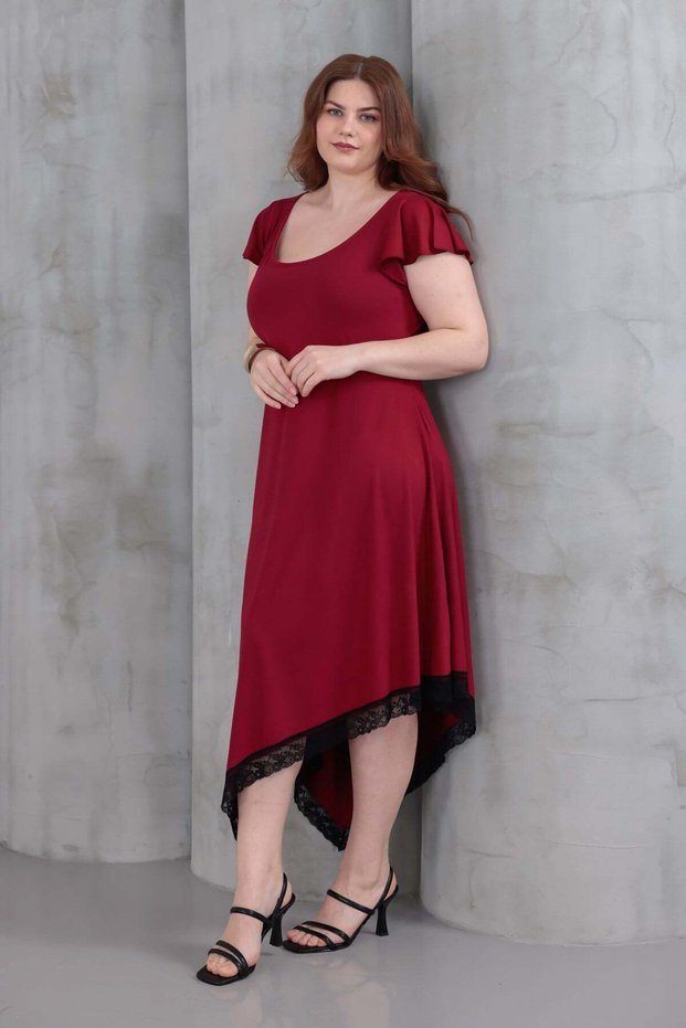 Women's Burgundy Ruffle Sleeve Lace Detail Asymmetrical Plus Size Stretchy Dress