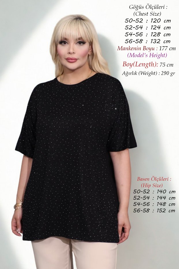 Plus Size Oversized Women's Anti-Sweat High Quality Viscose Mother Blouse T-Shirt - Glitter and Stone Detailed Knitted Fabric Bat Sleeve Combed Cotton