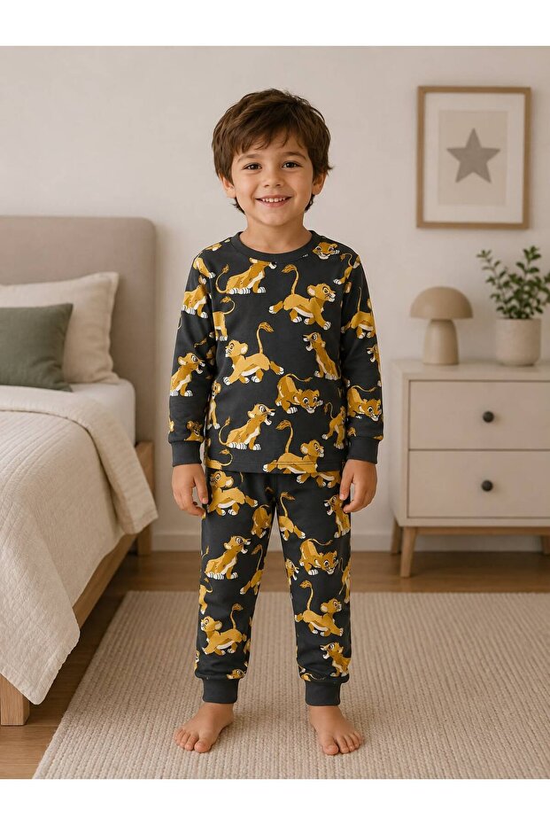 Boy's 100% Cotton Anthracite Gray Lion Patterned Long Sleeve Winter Pajama Set