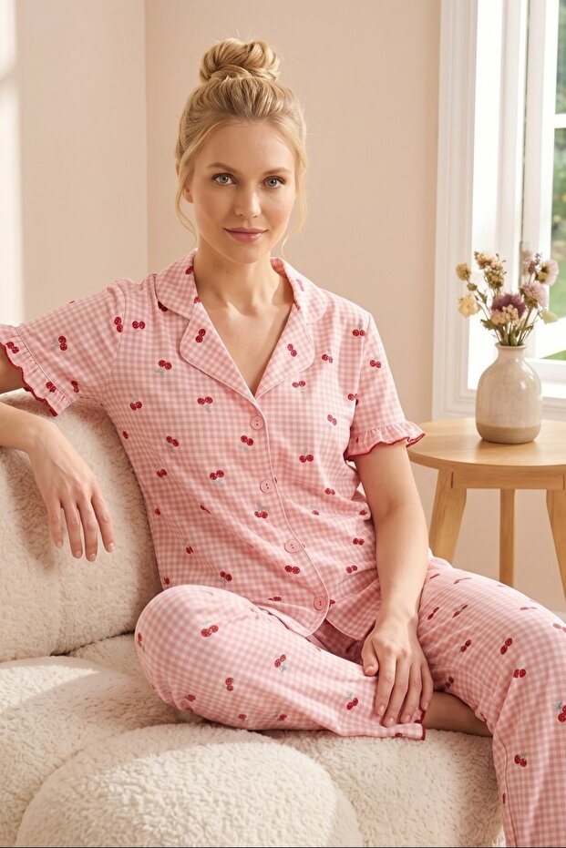 Bürümcük Knitted Short Sleeve Women's Buttoned Pajama Set