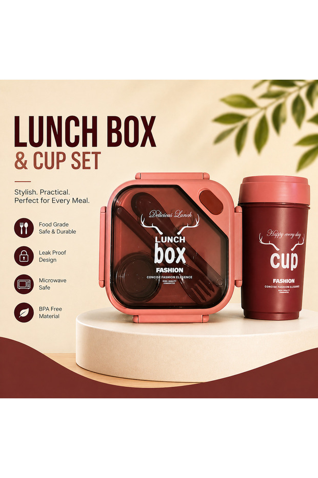 Fashion Lunch Box and Cup Set, Insulated Food Container with Travel Mug, 3 Color Options (BROWN)