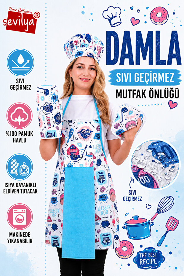 Damla Set of 5 Liquid Proof Waterproof Kitchen Apron Set (Hat, Gloves, Pot Holder)