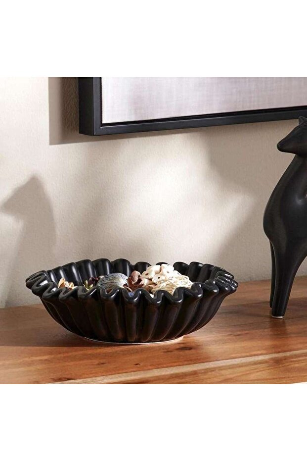Ainar Ceramic Ribbed Decor Bowl 18.5x18.5x5.5cm - Black