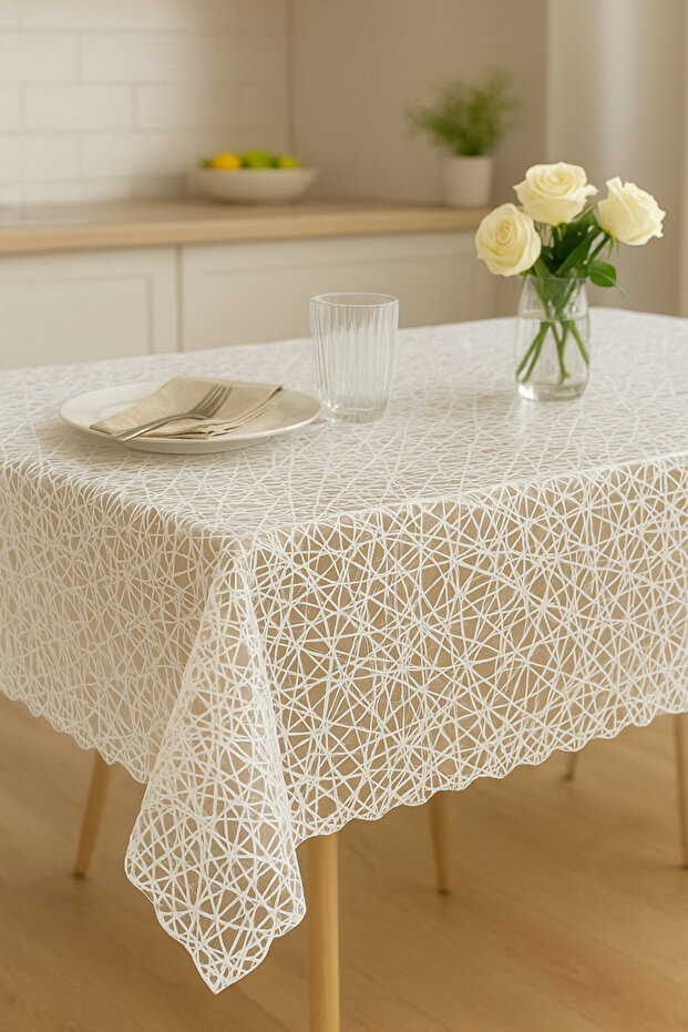 Transparent Wicker Luxury Pvc Coated Table Cloth – Wipeable, Waterproof, White Beige Oilcloth