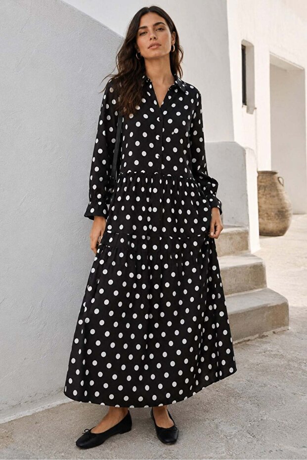 فستان أسود بأكمام طويلة وأزرار Mg2430