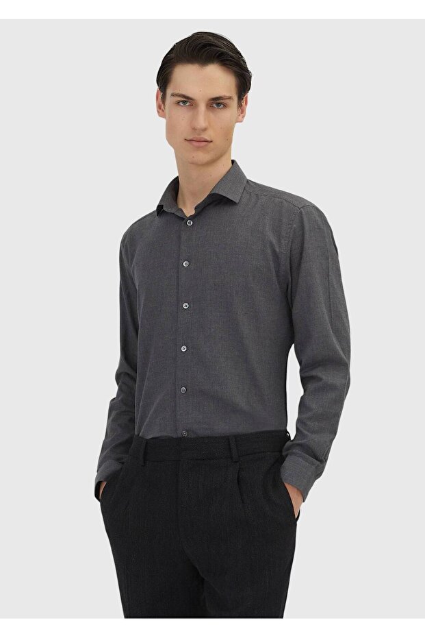 Anthracite Plain Casual Fit Long Woven Casual 100% Cotton Shirt