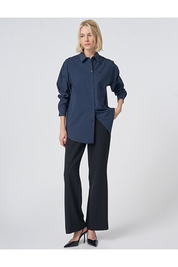 Buttoned Cotton Basic Shirt Navy Blue - 2