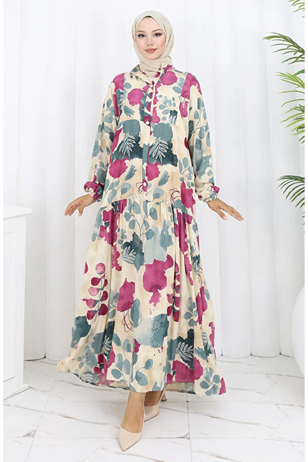 Viscose Fabric Half Button Dress 2129-05 Fuchsia Beige