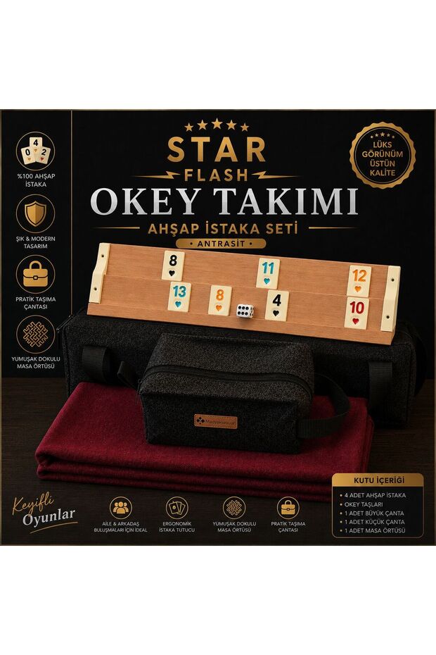 Okey Game Set Anthracite, Game Table Cover, Wooden Okey Game Set